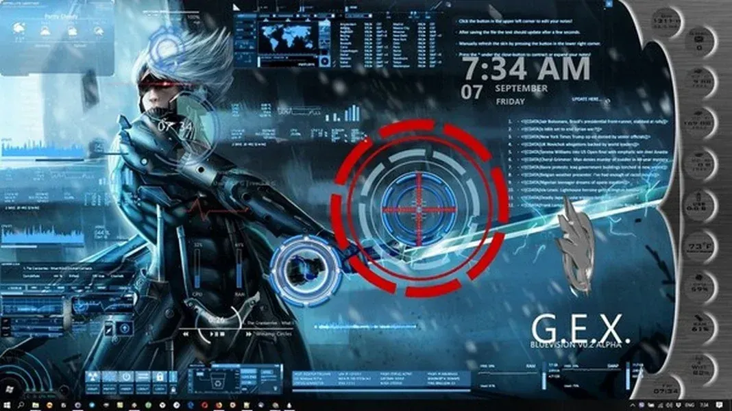 Source preview of Metal Gear Rising Desktop: A Metal Gear Rising-themed layout combining recycle bin, a Gmail shortcut, three drives, a removable-drive icon, weather, CPU/RAM, Wi-Fi and…