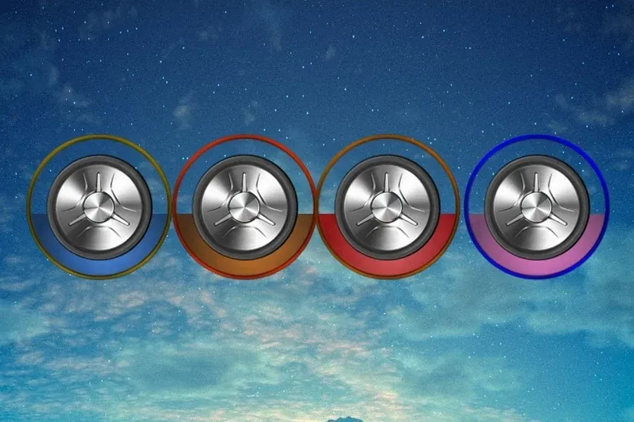 Source preview of Metallic Colour Filler: Metallic knob-like shapes with glass-cylinder surrounds fill with colors as sound plays