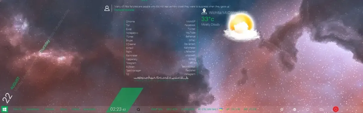 Source preview of North Green: An aurora-green suite with system information, weather/location, player, launcher, volume and restart/shutdown controls