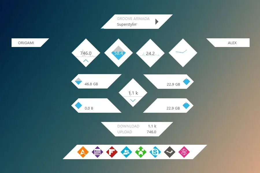 Source preview of Origami Rainmeter Theme credited to VakiNakamura