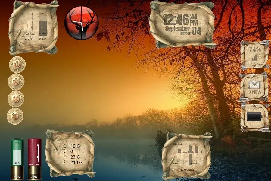 Source preview of Outdoor Living: A nature-themed layout with time, CPU/RAM, network, Gmail, battery, Wi-Fi, drives and an additional analog clock