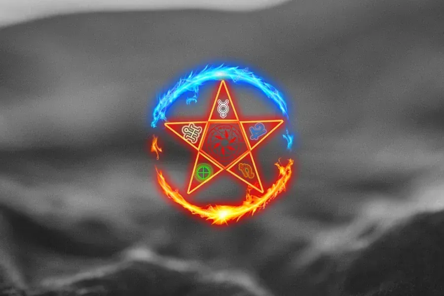 Source preview of Pentacle Launcher: A pentacle-shaped expandable launcher with a moving blue-and-orange ring described by the source