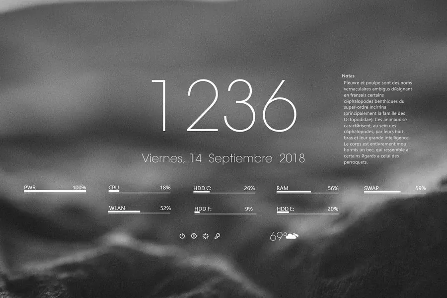 Source preview of Phenix: A movable, language-configurable set with time/date, CPU/RAM, drives, swap, wireless, weather and power/settings shortcuts