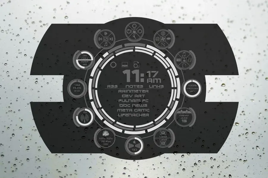 Source preview of Pog Pack: A large central digital clock surrounded by smaller circles showing drive, network, RAM and recycle-bin information