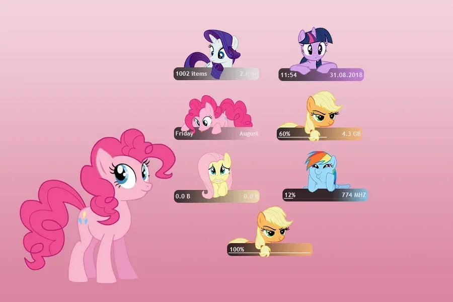 Source preview of Pony Meter: My Little Pony character-themed panels divide time/date, RAM, network, drives, battery and recycle-bin status among the illustrated widgets
