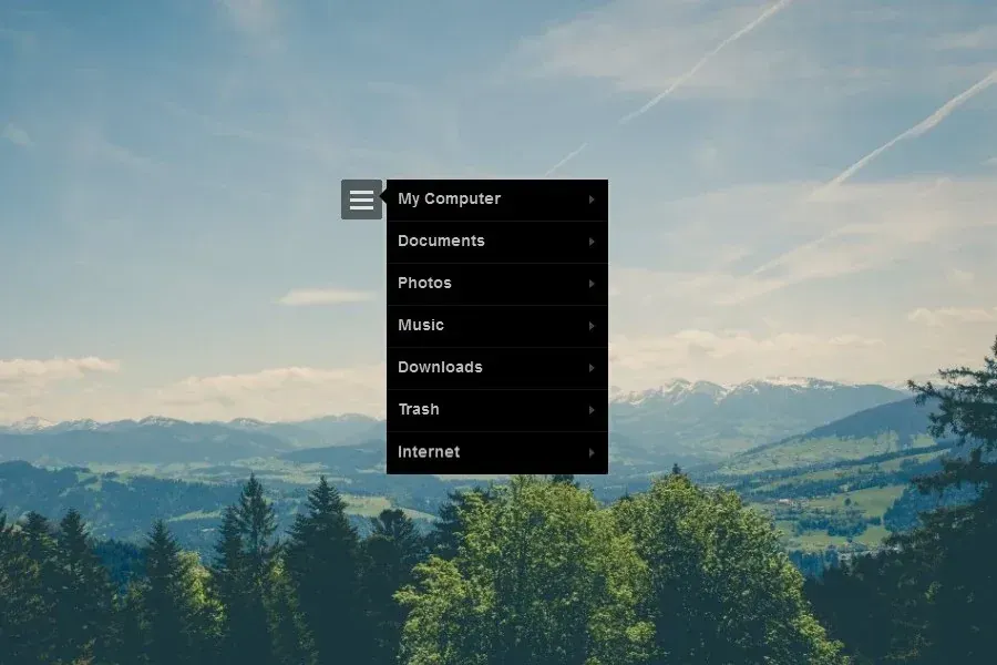 Source preview of Pop Menu: A click-open shortcut menu with black and white variants and source-listed computer, documents, photos and music targets