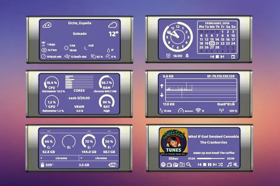Source preview of Rack Modules: Rack-shaped modules cover monitoring, MP3/internet radio, a source-listed 96-hour forecast and a calendar/alarm
