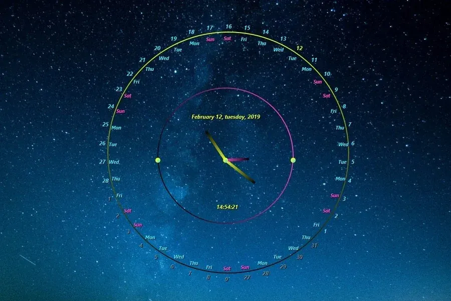 Source preview of RCalendar: A transparent circular calendar with a clock in the middle, described by the source as supporting eight languages