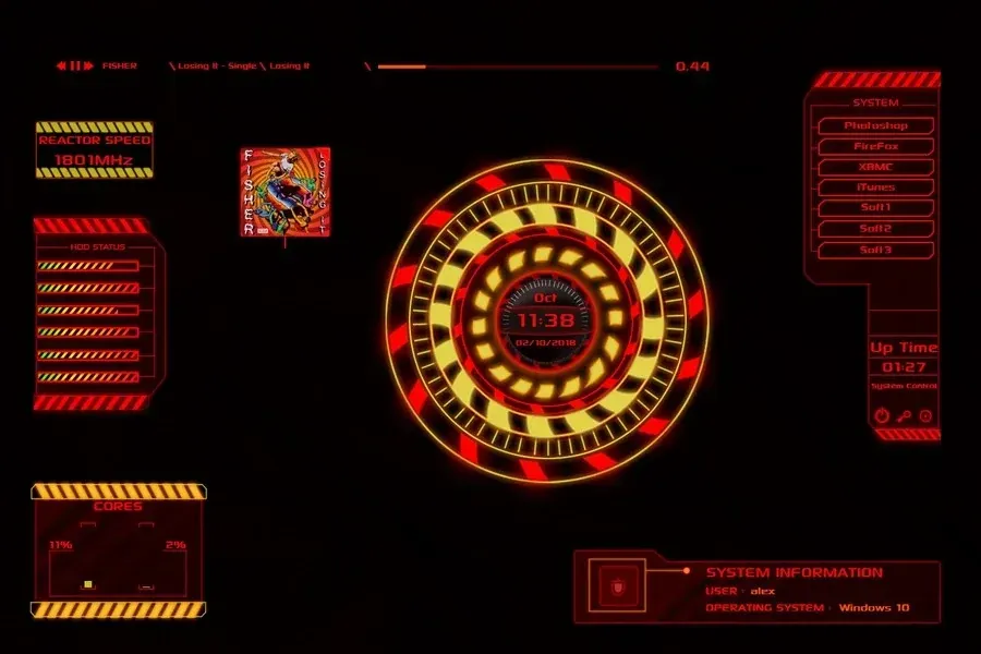 Source preview of Reactor: A themed collection of clock, CPU/RAM, drives, music, launcher and effect components