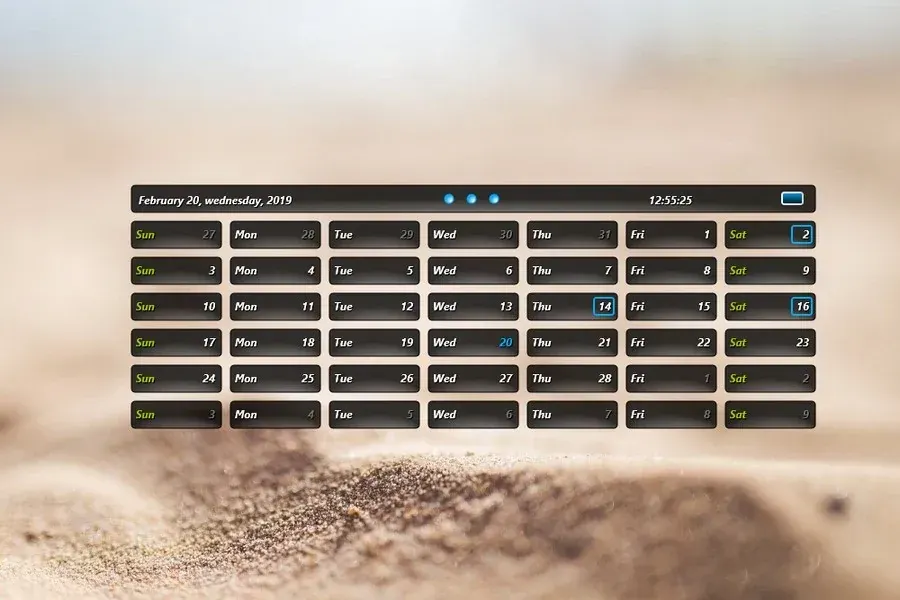 Source preview of Resizable LCalendar VR1.1 Rainmeter Skin credited to sephirotess