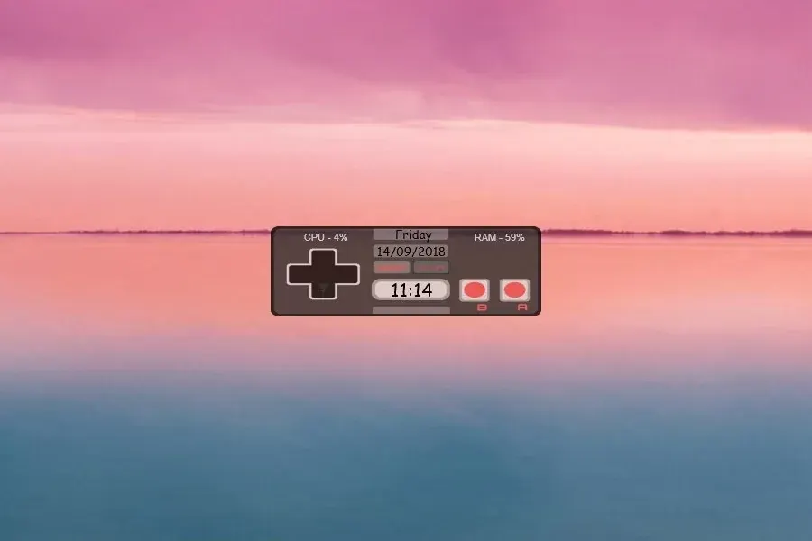 Source preview of RetroD Launcher: A game-controller-shaped launcher with CPU and RAM indicators, a central clock/date and a D-pad described as opening or closing the launcher