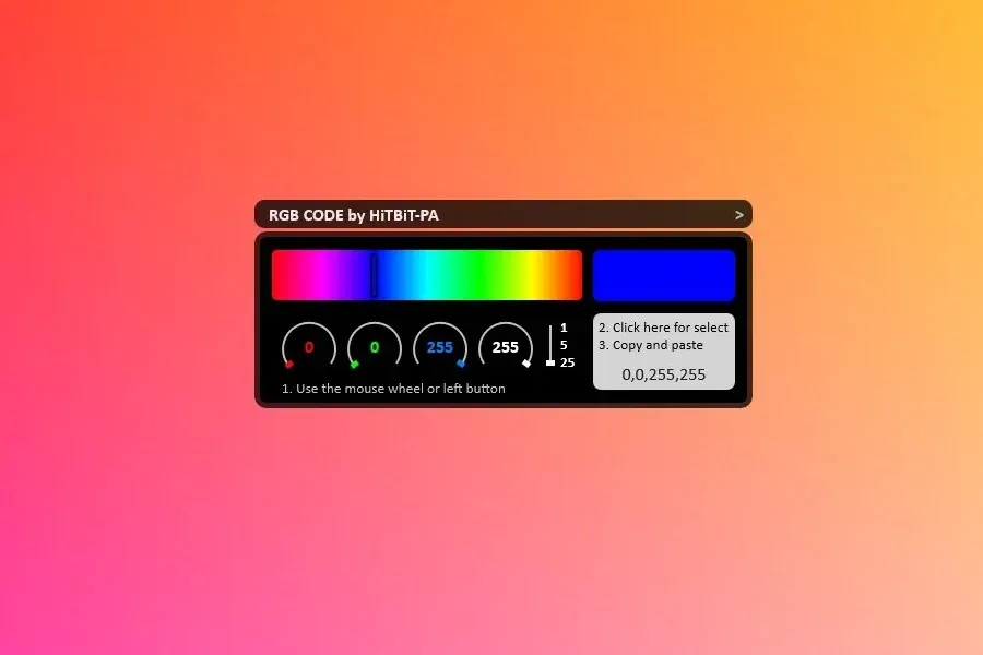Source preview of RGB Code: A color-focused Rainmeter widget for mixing red, green and blue values to alter its displayed color