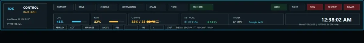 Creator Rice2k control-bar preview with cyan system readouts, shortcut buttons and power controls using example identity and network labels.
