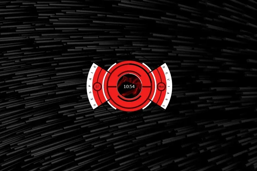 Source preview of RKS Despair 2: A time/date and music-control layout offered in red, blue, purple and yellow, with a V button described as opening the player