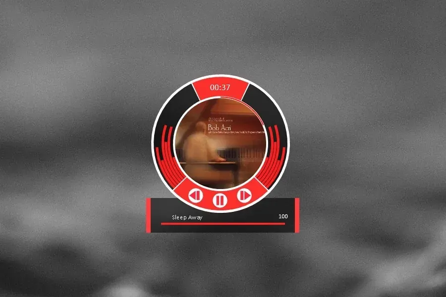 Source preview of RKS Redesign 2: A layered wheel resting on a bar combines clock, music controls, track title and circular visualizer bars