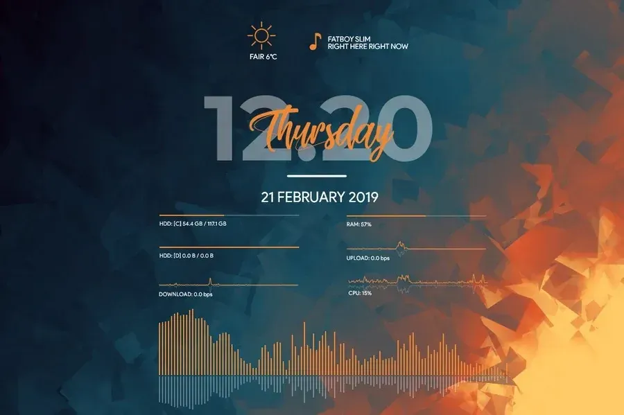 Source preview of Robik: A configurable suite with time/date, system statistics, weather and a music visualizer; the source names time, temperature and language choices
