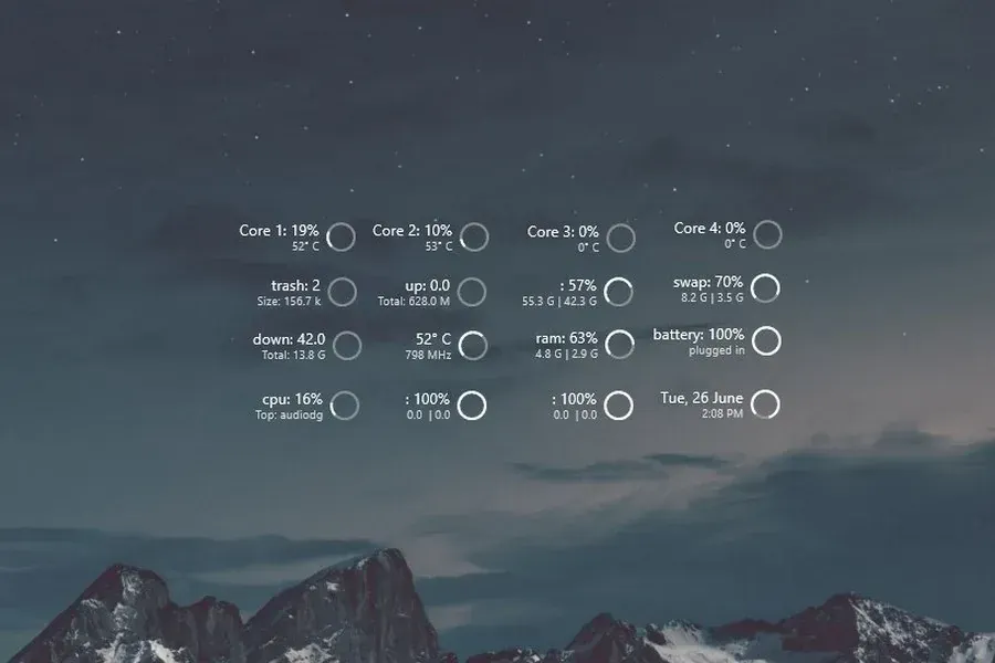 Source preview of Simplicity Circles: Circular meters cover battery, drives, RAM/swap, Wi-Fi, core load/temperature, network rates, time/date and media