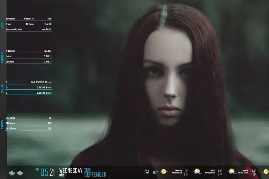 Source preview of Simply Nova: A vertical system-information bar with network speed, CPU and drive details, recycle-bin action, time/date and a source-listed three-day forecast