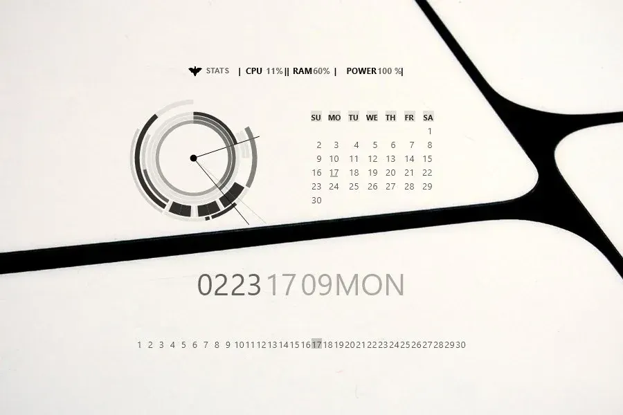Source preview of Sinister V2: Analog/digital time, date, a calendar/to-do area and CPU/RAM and power/battery information share one layout
