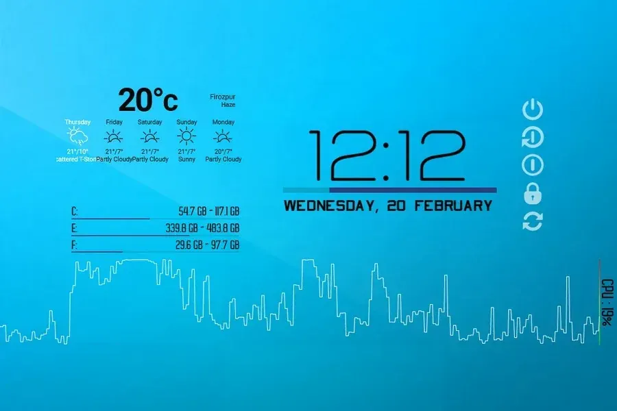Source preview of Sky Light: A one-side desktop layout combining date/time, weather, CPU, drive storage and power controls