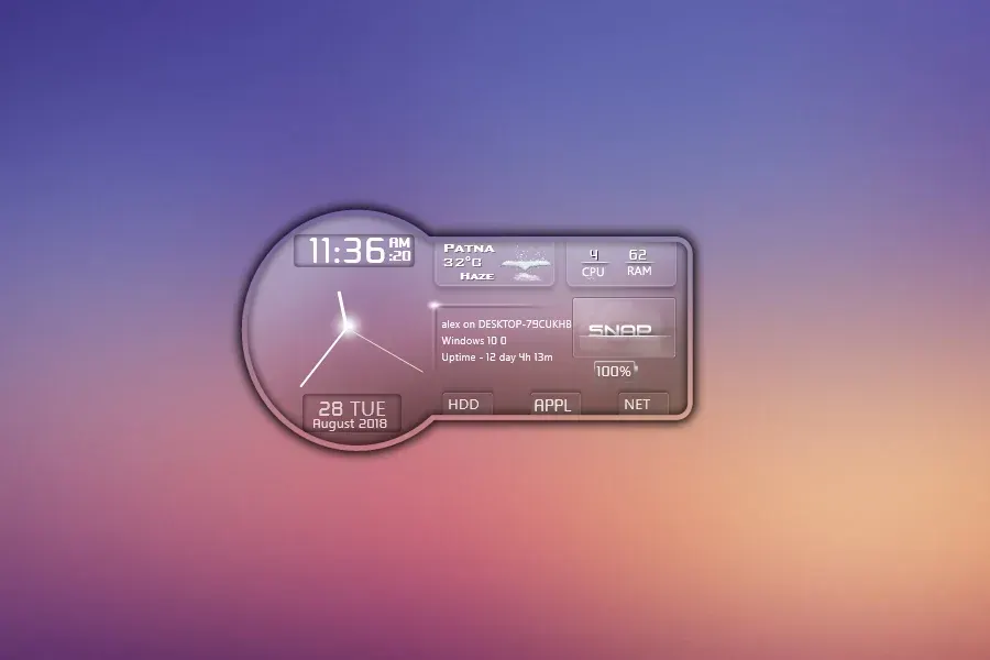 Source preview of SnippyShip: Analog/digital time, date, weather, CPU/RAM and battery combine with pop-up panels for drives, apps and internet services