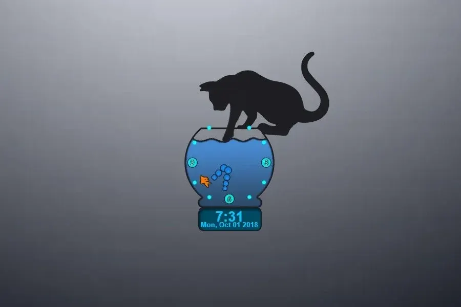 Source preview of Something's Fishy Clock: A novelty clock framed as a bowl with an animated cat sitting above it