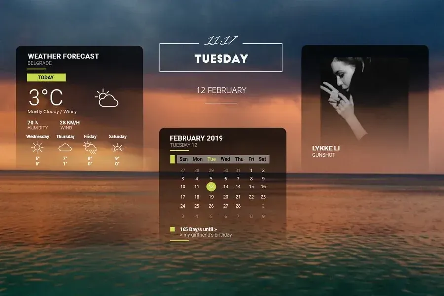 Source preview of Sonder: A suite combining time/date, calendar, music metadata and weather with a source-listed four-day forecast