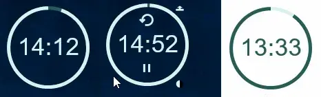 Creator preview of Stand-Up Timer showing circular countdowns in dark and light appearances with pause and reset controls.