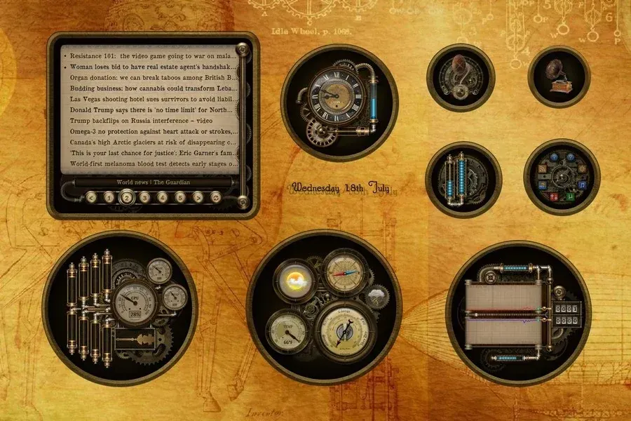 Source preview of Steampunk Cogs, Tubes and Gauges Rainmeter Skin credited to Mordasius