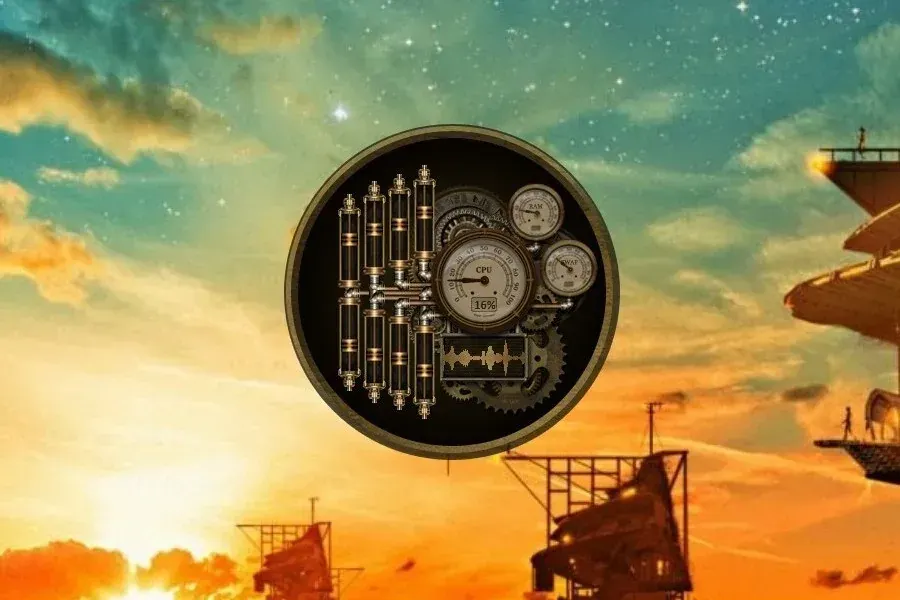 Source preview of Steampunk CPU RAM SWAP meters Rainmeter Skin credited to Mordasius