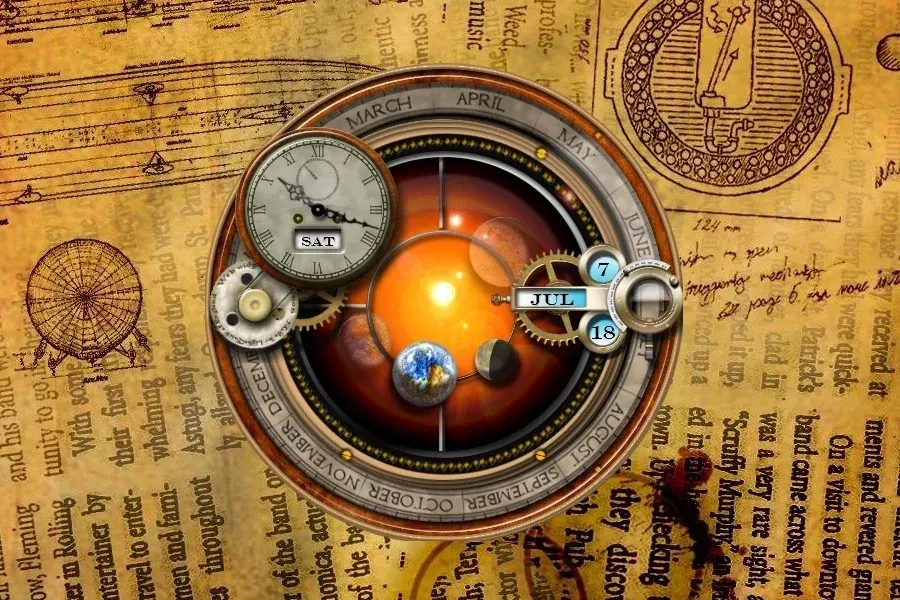 Source preview of Steampunk Orrery and Clock Rainmeter Skin credited to yereverluvinuncleber