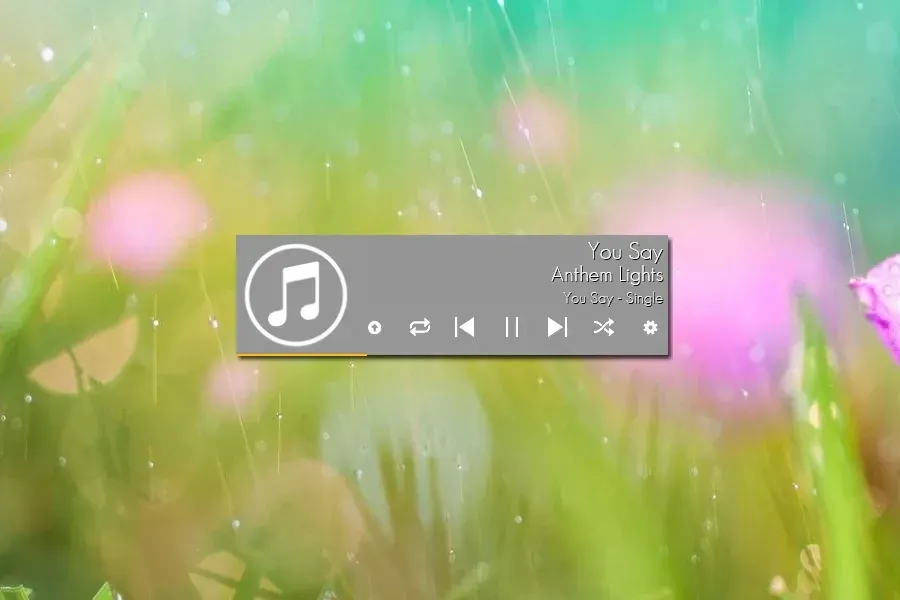 Source preview of Stylish Music Player: Four views cover the full player, controls, album cover and track information with hover controls; shuffle, repeat, progress and font/color…