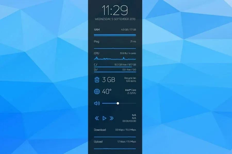 Source preview of SysDash: A transparent dashboard with horizontal/vertical variants for RAM, clock, CPU, drives, temperature, sound, music and network speed
