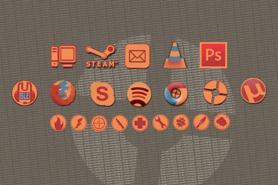 Source preview of Team Fortress: A Team Fortress-inspired shortcut skin with game-themed icons that the source describes as customizable