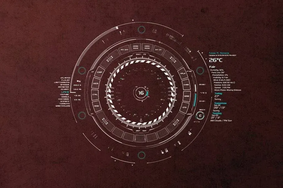 Source preview of TECH-A: A technical dashboard with one-to-six CPU-core displays, six drives, network-rate information, RAM, shortcuts and weather