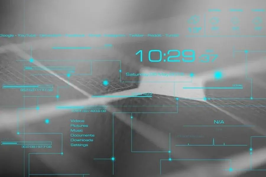Source preview of Technology Wave: An industrial layout combines time/date, forecast, drive/RAM space and shortcuts to folders, settings and websites