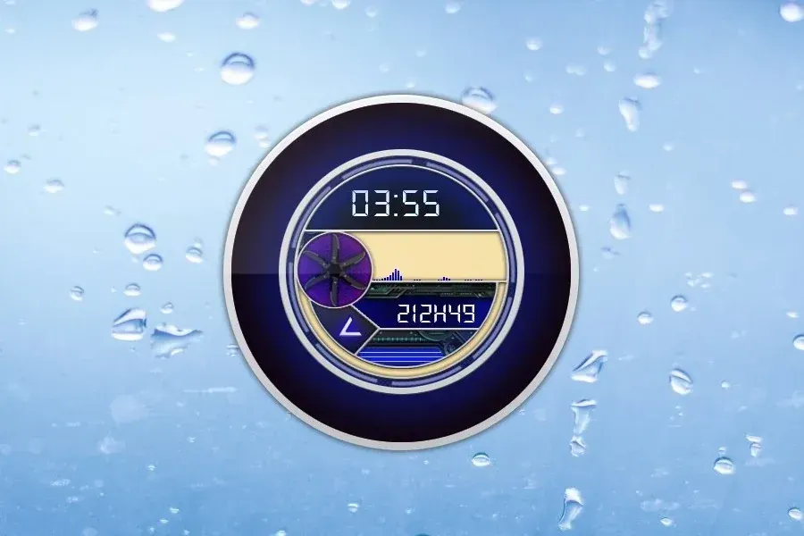Source preview of Titan: A circular layout combines a digital clock with CPU-use graph and an animated fan element