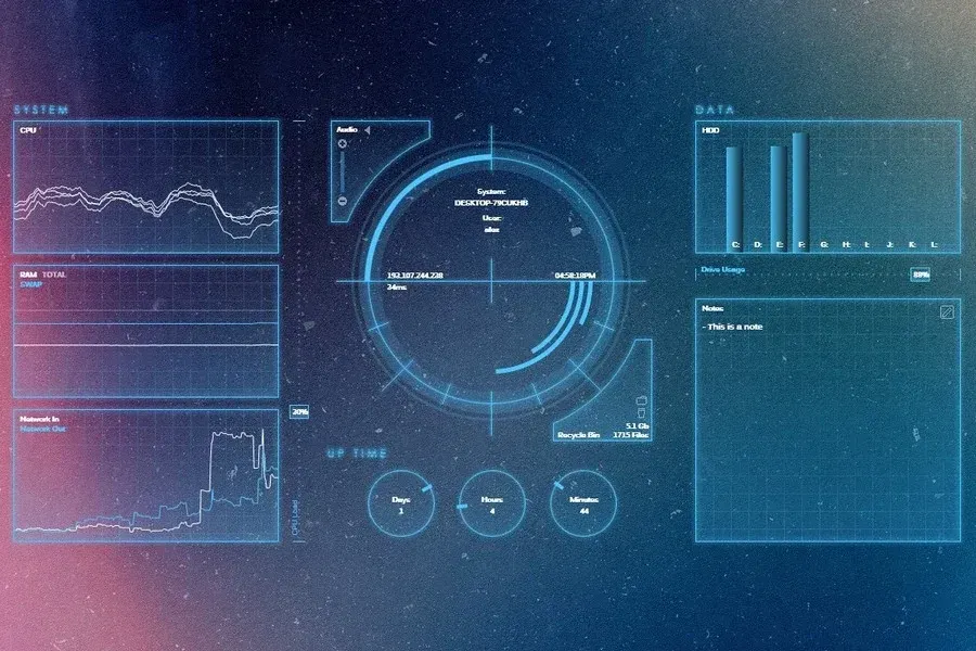 Source preview of Trans Intelligence HUD: Translucent glowing panels, wheels and bars show clock, CPU/RAM, network, drives, notes, volume, recycle bin and uptime