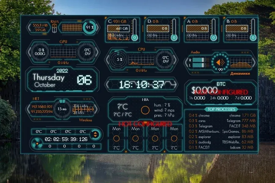 Source preview of Tron-MCP: A TRON-inspired arrangement of glowing elements, system statistics and compact interface components