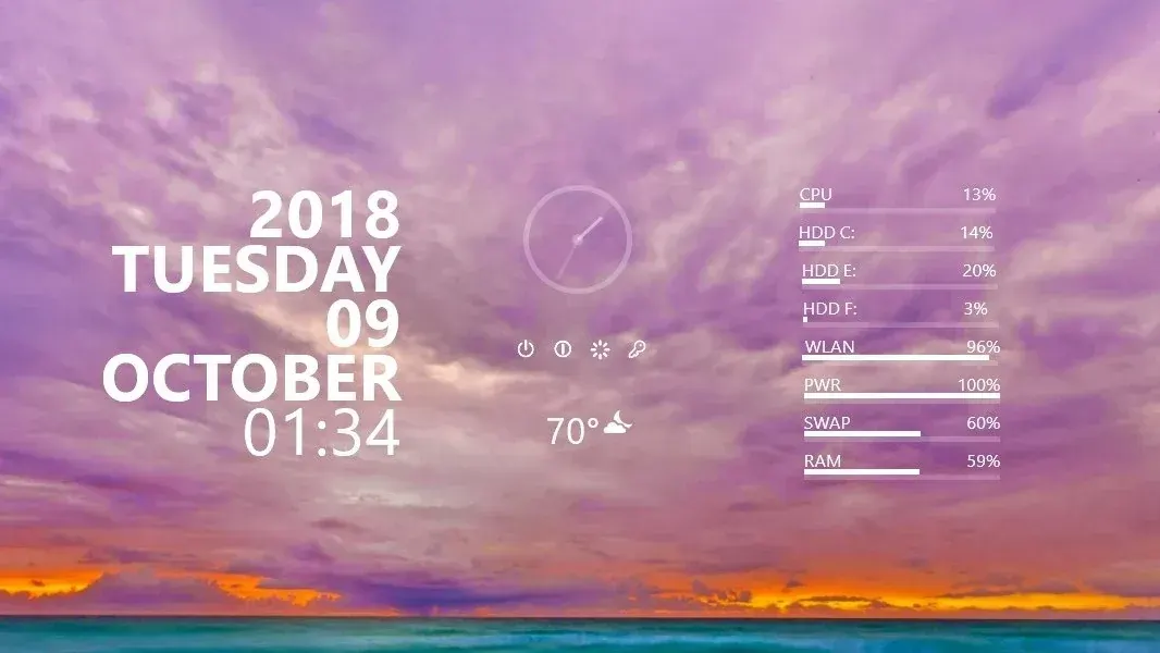 Source preview of UI White: A white text/bar/icon layout with battery, time/date, drives, CPU/RAM, weather and a search action