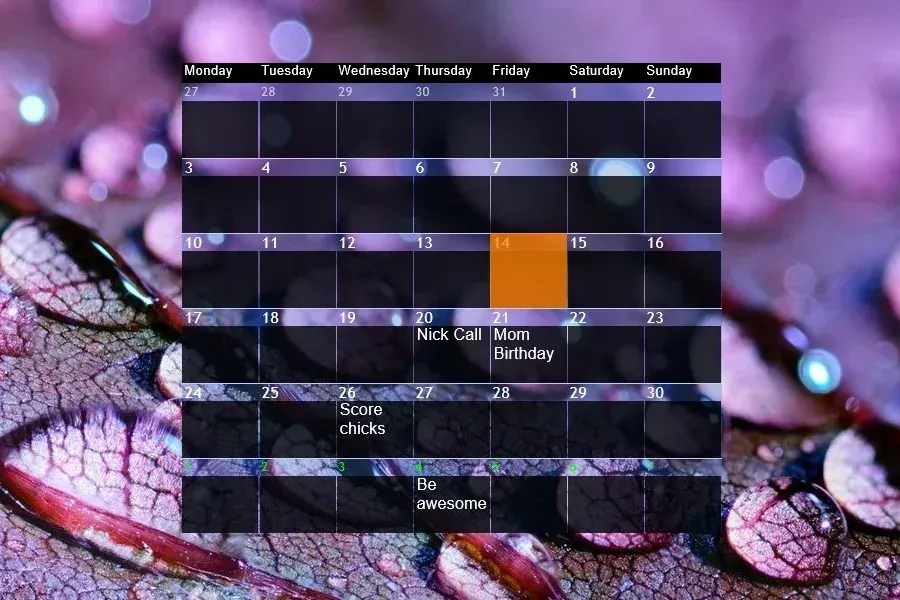 Source preview of Ultra Calendar with Notes Rainmeter Skin credited to alias-kanas