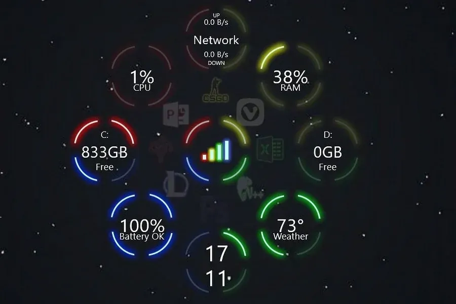 Source preview of Up In Lights: Glowing circular usage widgets with configurable colors, resizing and shortcut icons positioned between circles