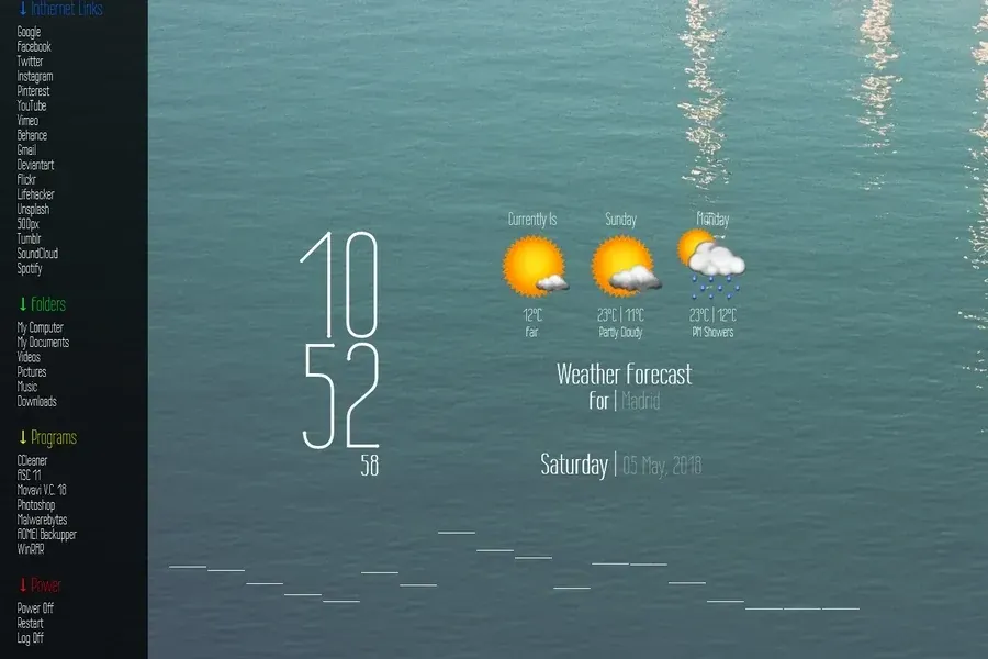 Source preview of Wire One: A line-led layout combines time, two-day forecast, broken-line visualizer and a launcher with program, folder, web and power actions