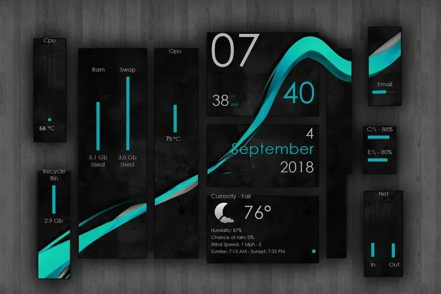 Source preview of Wisp: A dark material-style suite with CPU/temperature, recycle bin, RAM/swap, time/date, weather, email, drives and internet data