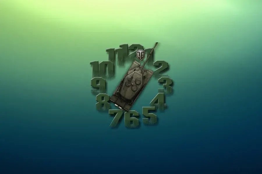 Source preview of WOT Tank Clock: A tank forms the clock hands: the rear indicates hours and the cannon indicates minutes, with green numerals and a separate moving seconds icon
