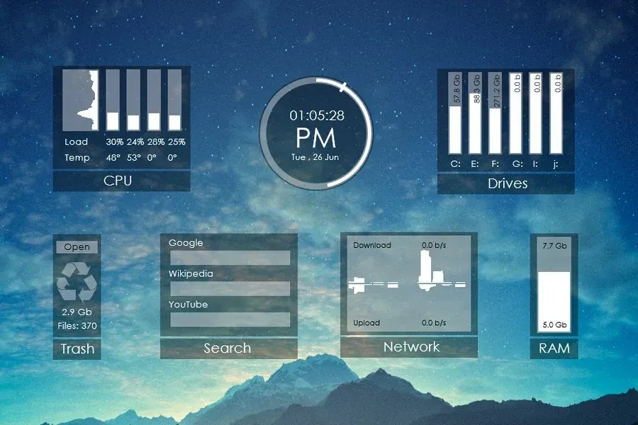 Source preview of Zepha Skin V2 Rainmeter Theme credited to ani07789