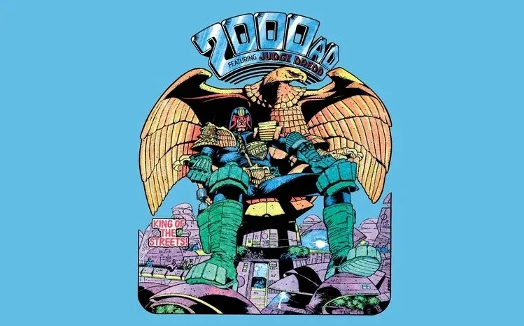 2000 AD comic wallpaper preview with a blue background and a character at the side.