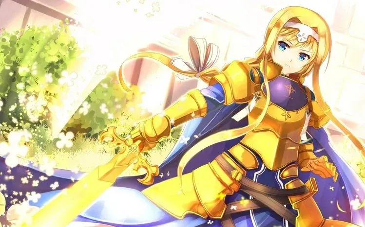 Alice Zuberg in shining armor, with long hair and bright eyes.
