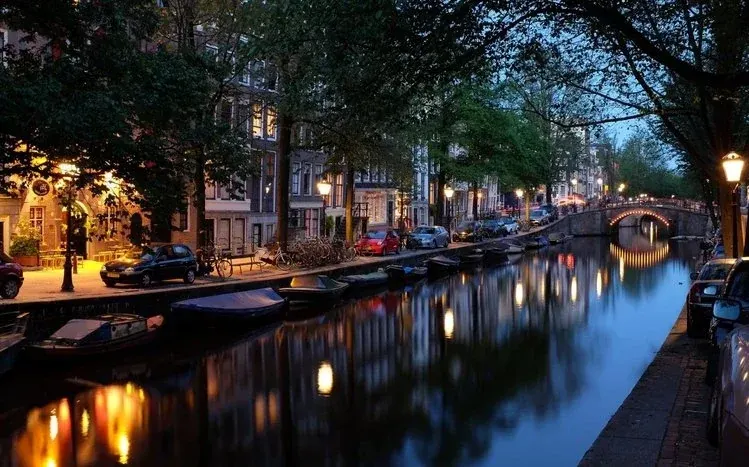 Amsterdam city scenery with canals, narrow houses, and colorful trees.