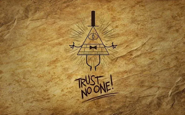 Yellow, one-eyed triangular Bill Cipher wearing a large black hat in varied illustrated situations.